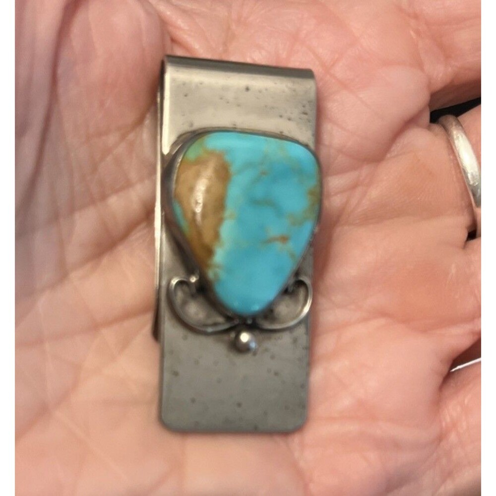 Vintage RJ Toledo Silver Turquoise Money Clip Southwest Signed Native American